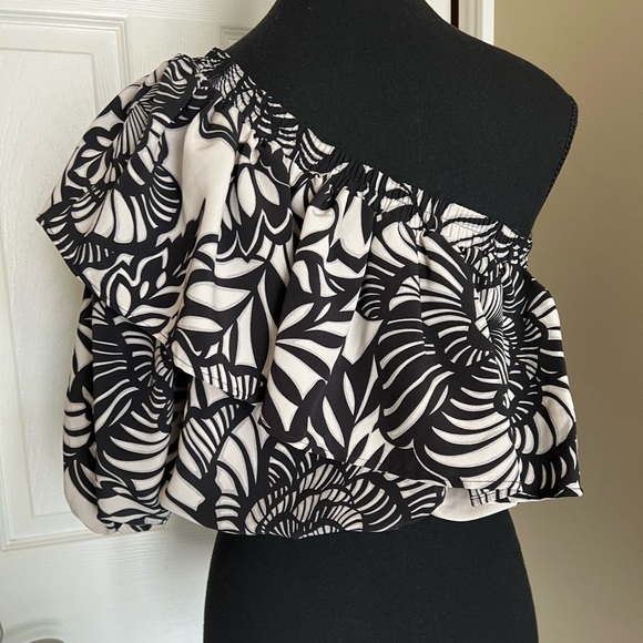 Topshop One Sleeve Off the Shoulder Ruffled Crop Top Size 8 - Picture 3 of 6